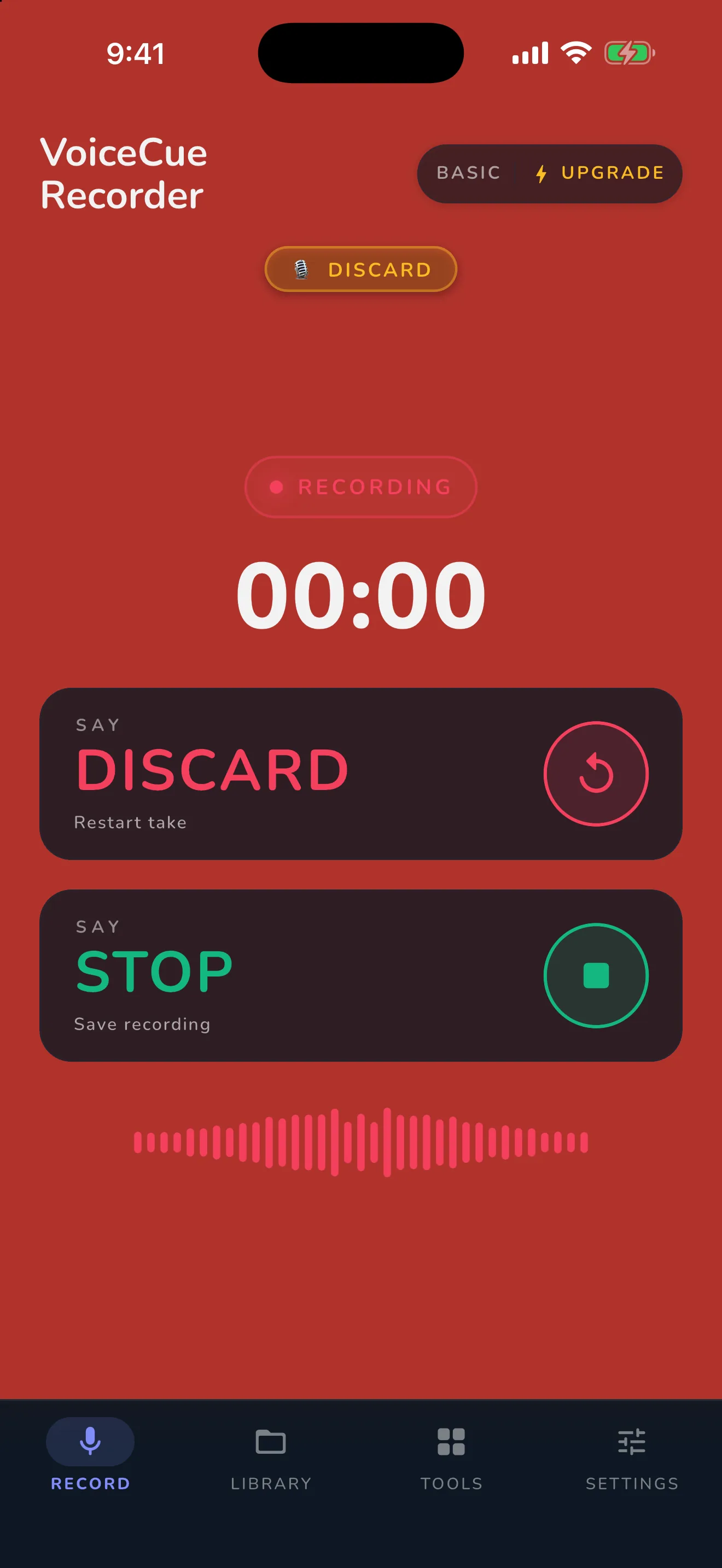 DISCARD heard — a fresh recording restarts at 00:00