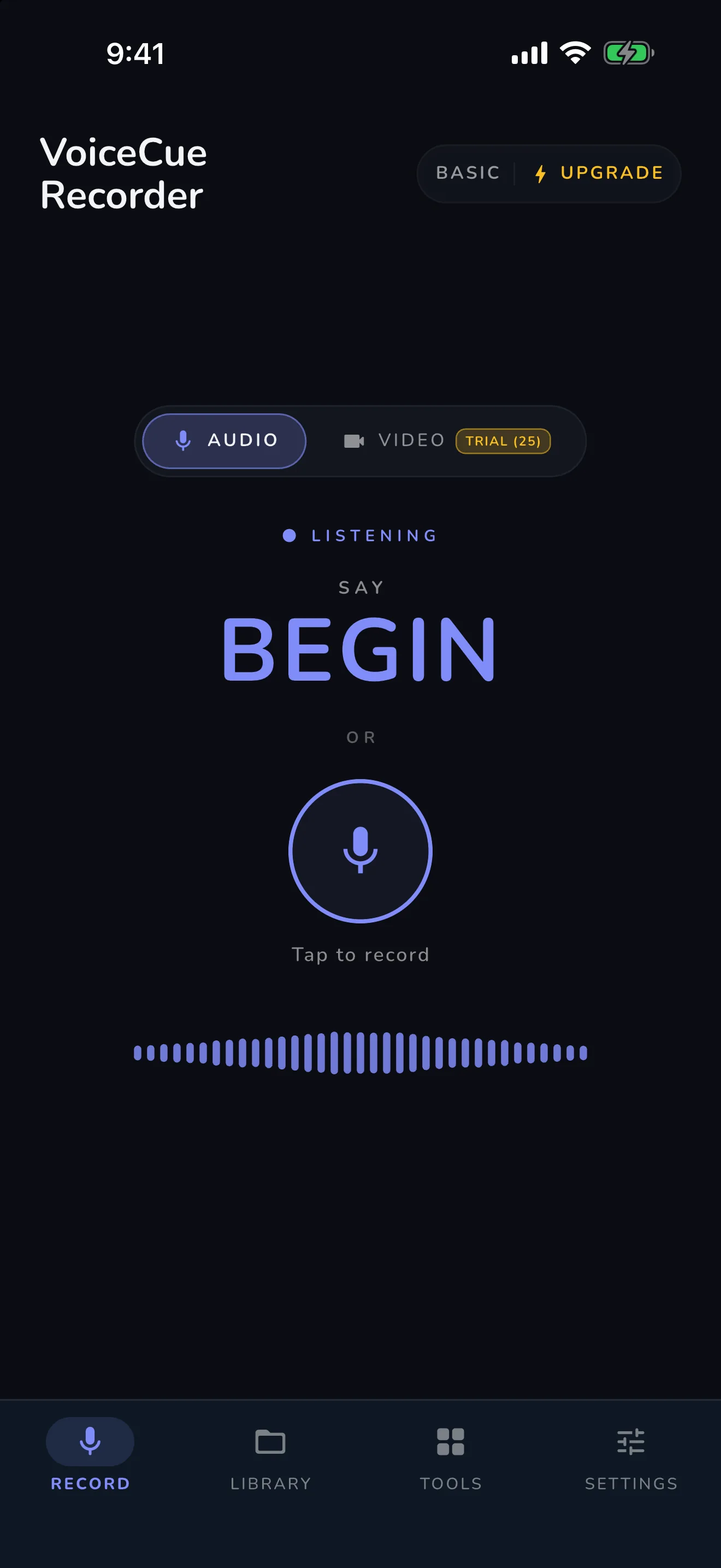 VoiceCue idle screen — listening, say BEGIN