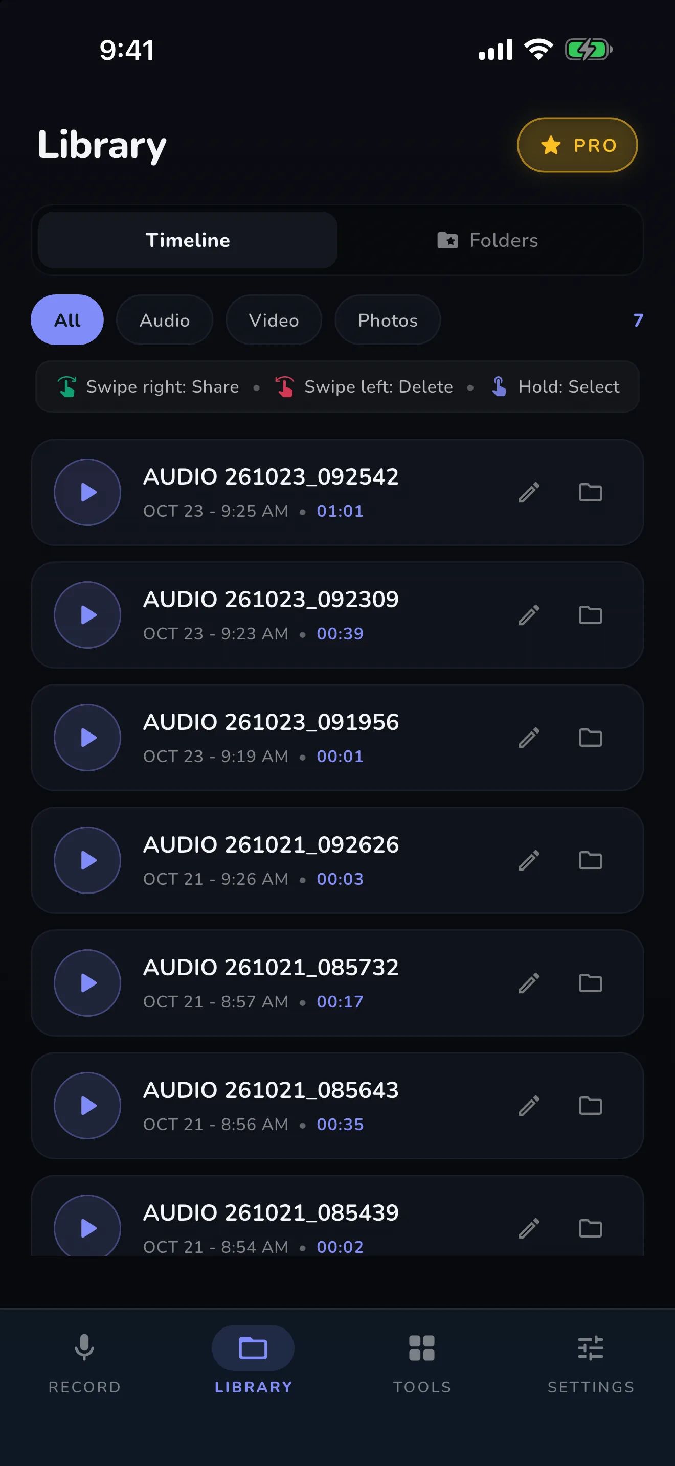 Studio Library — every take organized, swipe to share