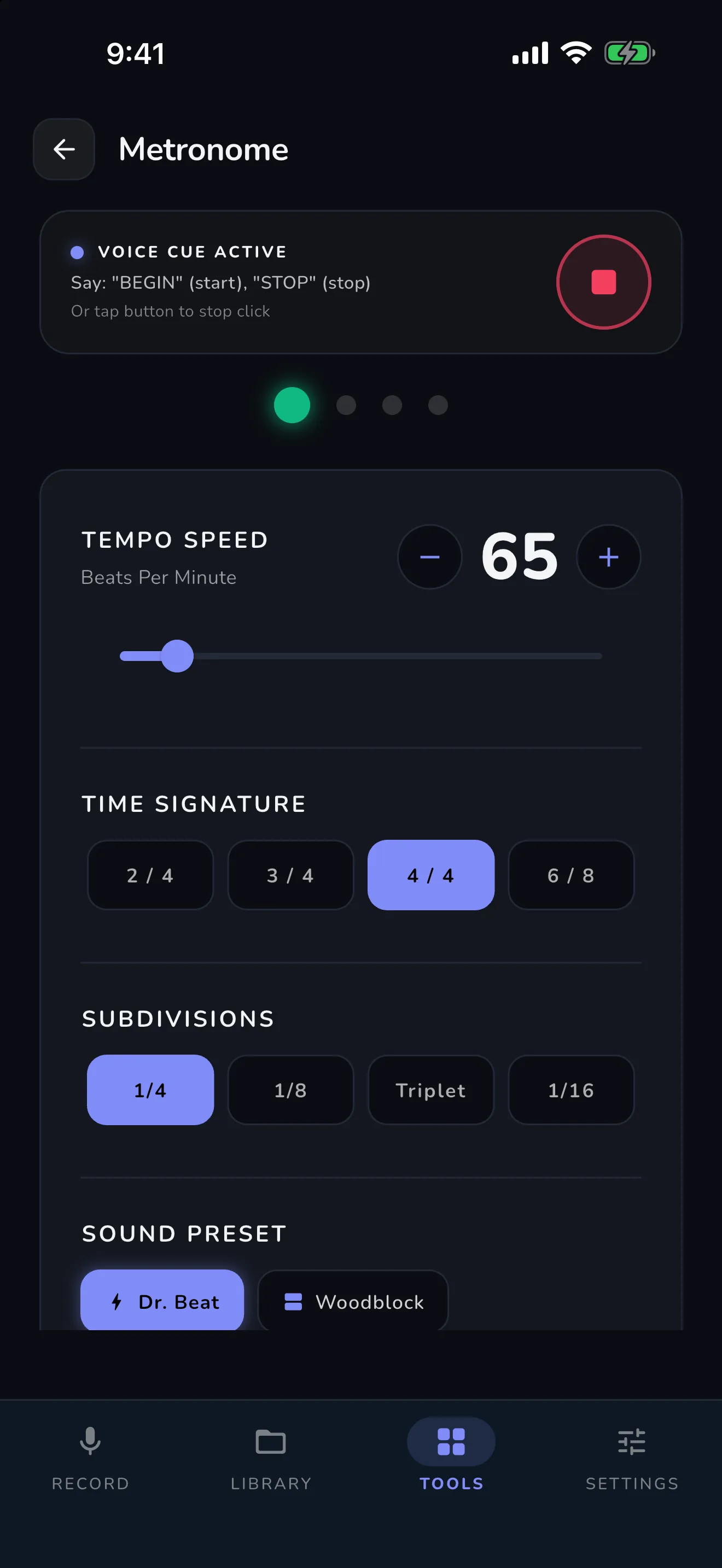 Advanced Metronome in use — tempo, time signature and subdivisions, started and stopped by voice