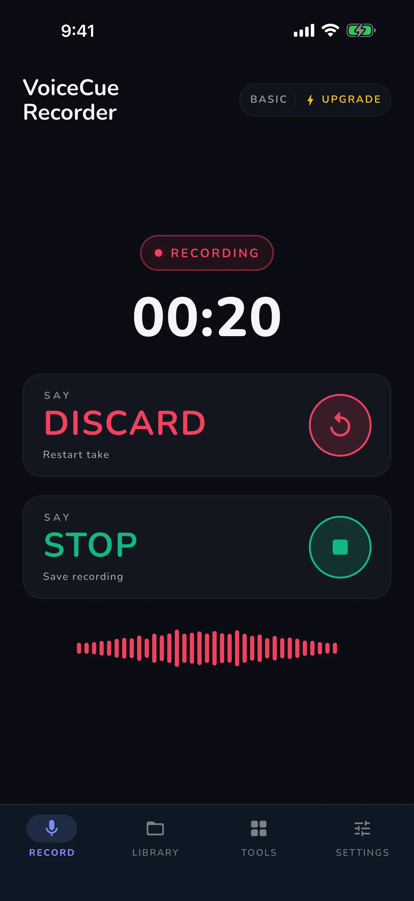 VoiceCue recording screen — say DISCARD or STOP