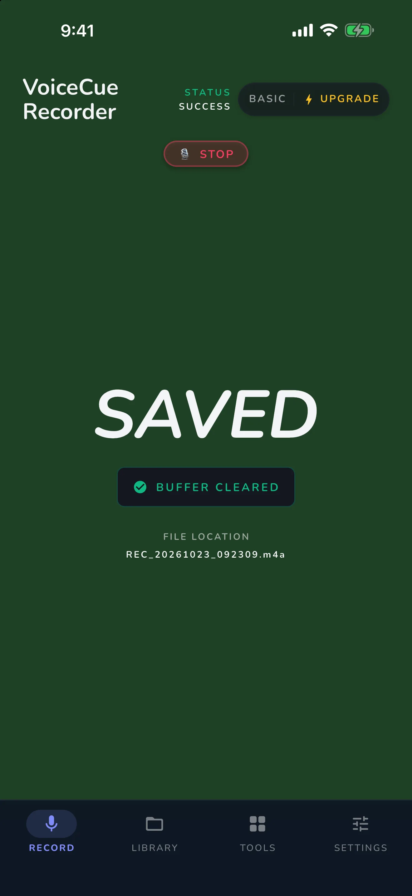 SAVED confirmation screen after saying STOP
