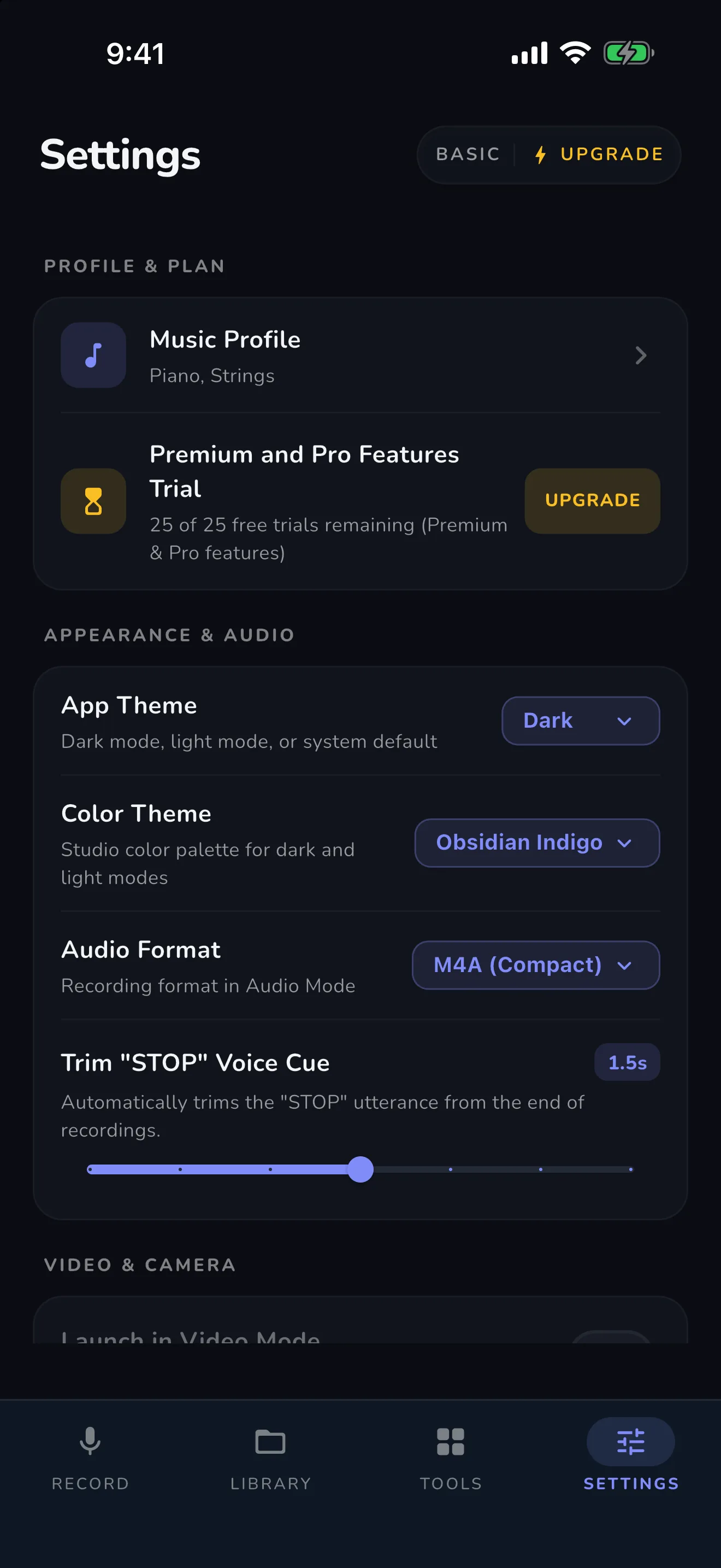 Settings — music profiles, color themes, audio format