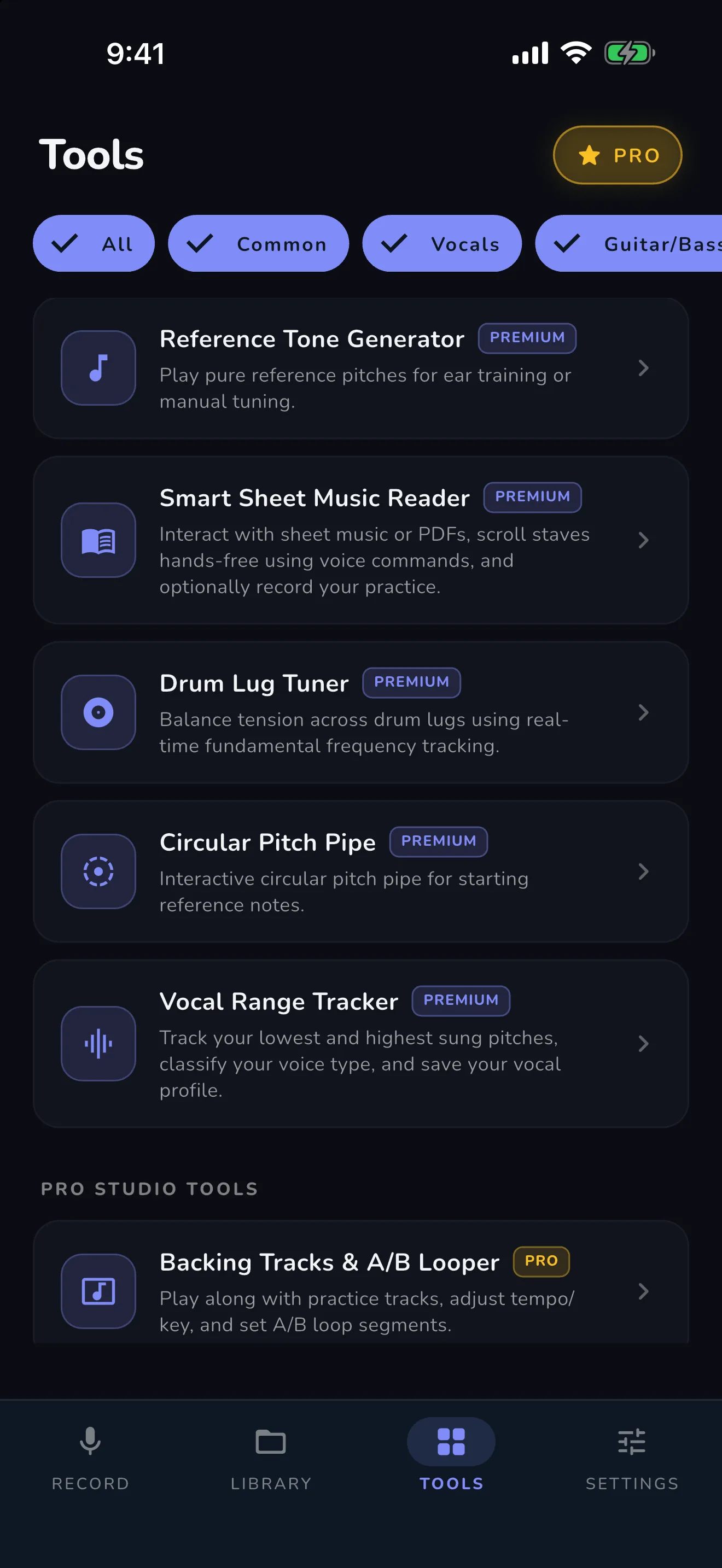 More Premium tools — reference tone generator, sheet music reader, drum lug tuner, pitch pipe, vocal range tracker