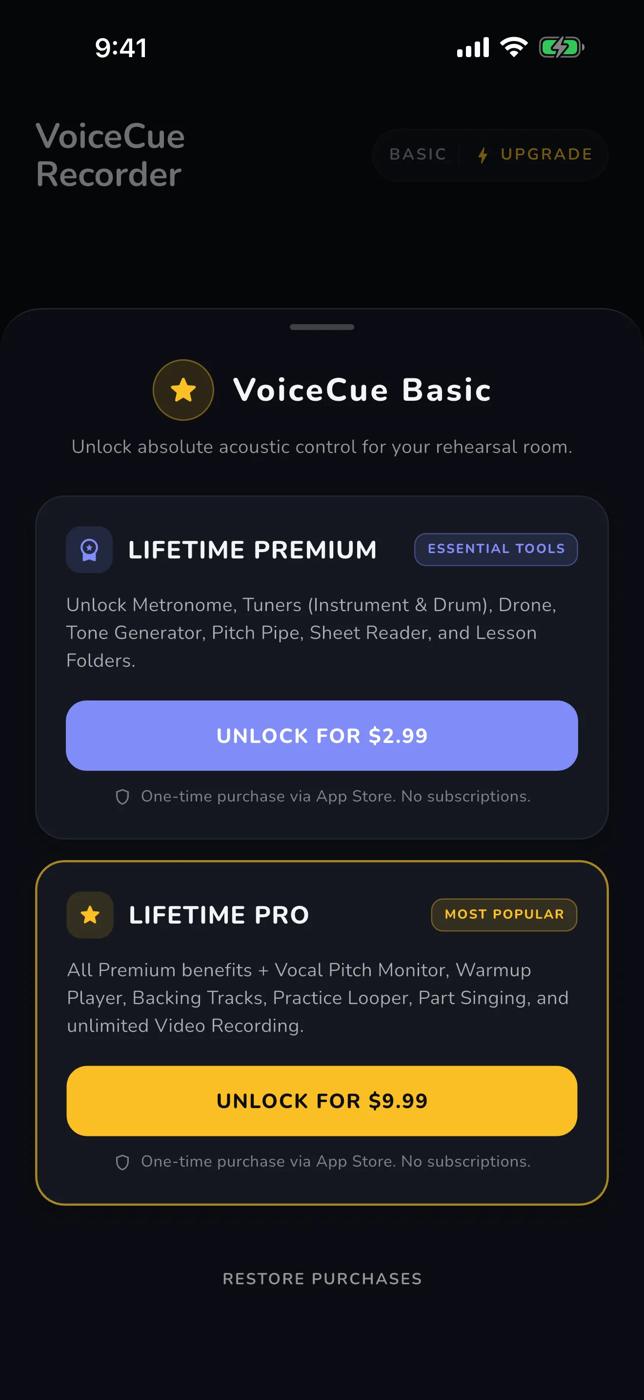 VoiceCue upgrade screen in the app — Lifetime Premium $2.99, Lifetime Pro $9.99